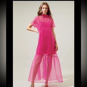 Hot pink sheer midi overlay mock neck with bow dress. Mini Slip comes underneath